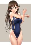  blush breasts brown_eyes brown_hair competition_swimsuit cowboy_shot highleg highleg_swimsuit katahira_masashi large_breasts long_hair looking_at_viewer one-piece_swimsuit original shiny shiny_skin simple_background smile solo stretch swimsuit taut_clothes thigh_gap 