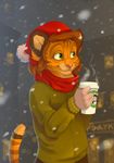 2010 ambiguous_gender christmas clothed clothing feline green_eyes hair hat holidays mammal product_placement santa_hat smile snow snowing solo starbucks tiger whiskers xepxyu 