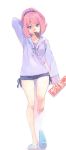  1girl aikatsu!_(series) aikatsu_stars! akinbo_(hyouka_fuyou) arm_up barefoot blue_eyes blue_ribbon blue_shorts full_body grey_sweater hair_ornament high_ponytail highres leg_up long_hair long_sleeves looking_at_viewer mouth_hold pink_hair ribbon sakuraba_rola short_shorts shorts simple_background solo standing standing_on_one_leg sweater white_background 