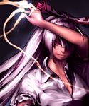  arm_up fujiwara_no_mokou gengoroumaru_(ambidextrous) glowing hair_ornament hair_over_one_eye hair_ribbon long_hair looking_at_viewer red_eyes ribbon shirt short_sleeves silver_hair solo torn_clothes torn_sleeves touhou upper_body 