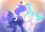  2015 blush butt cutie_mark duo equine female friendship_is_magic hair horn long_hair mammal multicolored_hair my_little_pony open_mouth outside princess_celestia_(mlp) princess_luna_(mlp) raised_tail rear_view sibling sisters weasselk winged_unicorn wings 