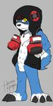  3_toes abs ace_the_gaomon anthro anthrofied arm_wraps balls bottomless boxing_gloves bulge canine cel_shading clothed clothing digimon digital_media_(artwork) front_view gaomon half-dressed hands_in_pockets headband heibanhikaru hoodie looking_at_viewer male mammal open_shirt pendant sheath shirt signature solo standing toes toned 