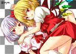  ascot bat_wings blonde_hair blue_hair blush checkered checkered_background crystal flandre_scarlet hair_ornament hair_ribbon kneehighs looking_at_viewer multiple_girls no_hat no_headwear pointy_ears puffy_sleeves red_eyes remilia_scarlet ribbon shirt short_hair short_sleeves siblings side_ponytail sisters skirt skirt_set slit_pupils smile tongue tongue_out touhou twitter_username vest white_legwear wings yua_(checkmate) 