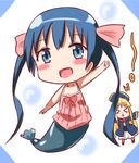  &gt;_&lt; :&lt; :d blonde_hair blue_eyes blue_hair blush_stickers chibi closed_eyes commentary hair_ornament hairclip hana_kazari highres kin-iro_mosaic komichi_aya kujou_karen long_hair mermaid monster_girl monsterification multiple_girls open_mouth skirt smile twintails x_hair_ornament 