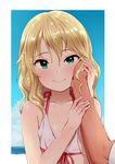  bikini blonde_hair green_eyes hand_on_another's_cheek hand_on_another's_face idolmaster idolmaster_cinderella_girls looking_at_viewer pettan_p pov sakurai_momoka short_hair smile solo_focus swimsuit wet 