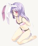  animal_ears arms_behind_back bad_id bad_twitter_id barefoot blush bow bow_bra bow_panties bra bunny_ears full_body lavender_hair long_hair looking_at_viewer navel panties pink_bra pink_panties red_eyes reisen_udongein_inaba satou_kibi simple_background sitting solo stomach sweatdrop touhou underwear underwear_only 