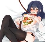  bad_id bad_pixiv_id black_hair blush bottle brown_eyes collar covering_nipples food food_on_body fruit garter_straps leash lemon love_live! love_live!_school_idol_project midriff nyotaimori open_clothes open_shirt purin_(purin0) sashimi shirt solo sonoda_umi tears thighhighs 