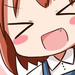  &gt;_&lt; :d blush_stickers brown_hair chibi close-up closed_eyes commentary fang hana_kazari inokuma_youko kin-iro_mosaic open_mouth school_uniform short_hair smile solo xd 