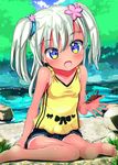  alternate_hairstyle animal bare_legs barefoot blonde_hair blue_eyes blush casual commentary_request crab crustacean dada_(esoragoto) flower hair_flower hair_ornament kantai_collection long_hair open_mouth ro-500_(kantai_collection) shorts sitting smile solo tan tank_top tanline twintails wariza 