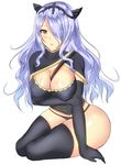  black_panties blush breasts camilla_(fire_emblem_if) cleavage elbow_gloves fire_emblem fire_emblem_if gloves hair_over_one_eye large_breasts long_hair looking_at_viewer noeomi panties purple_hair red_eyes solo thighhighs underwear 