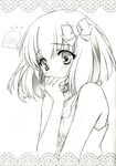  bare_shoulders blush bow carnelian embarrassed eyebrows_visible_through_hair greyscale hair_bow hair_ornament hand_on_own_face highres jewelry minamo_(carnelian) monochrome necklace original short_hair sleeveless solo 