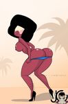  bent_over big_breasts bikini black_hair breasts butt clothed clothing eyewear female garnet_(steven_universe) gem_(species) hair half-dressed high_heels jimix_cruz looking_back nipples not_furry pose red_skin steven_universe swimsuit topless undressing 