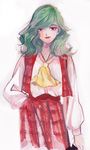  ascot green_hair kazami_yuuka lipstick makeup okomeuma plaid plaid_skirt plaid_vest red_eyes short_hair simple_background skirt smile solo touhou traditional_media vest watercolor_(medium) 