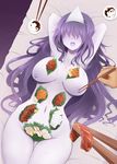  arano_oki arms_up blush breasts chopsticks curvy food ghost hair_over_eyes highres large_breasts long_hair lying navel nipples nude nyotaimori okiku_(banchou_sarayashiki) on_back open_mouth pale_skin plate purple_hair sashimi solo_focus touhou triangular_headpiece 