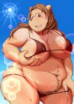  anthro bear big_breasts big_thighs bikini blush breasts chubby cleavage clothed clothing female kokkoman looking_at_viewer mammal navel open_mouth panties panty_pull solo standing sweat swimsuit underwear 