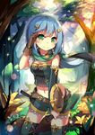  blue_hair cowboy_shot dappled_sunlight forest green_eyes hair_tucking highres knife land_of_caromag lino-lin looking_at_viewer midriff nature navel original outdoors scarf shorts smile solo sunlight thighhighs 