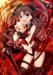  :d anger_vein archer archer_(cosplay) black_hair blue_eyes chibi cosplay fate/stay_night fate_(series) hair_ribbon highres kanshou_&amp;_bakuya midriff navel open_mouth ribbon smile soda_(sodachuxd) solo_focus toosaka_rin two_side_up white_hair 