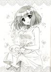  :d bow bracelet breasts carnelian cleavage dress greyscale hair_bow hair_ornament highres jewelry medium_breasts minamo_(carnelian) monochrome necklace open_mouth original short_hair sketch skirt skirt_lift smile solo 