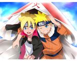  aohane_riko blonde_hair blue_eyes facial_mark father_and_son forehead_protector highres male_focus multiple_boys naruto naruto_(series) time_paradox uzumaki_boruto uzumaki_naruto 