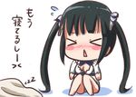  &gt;_&lt; :&lt; black_hair blue_ribbon blush blush_stickers chibi closed_eyes commentary dress dungeon_ni_deai_wo_motomeru_no_wa_machigatteiru_darou_ka flying_sweatdrops gloves hana_kazari hestia_(danmachi) long_hair rei_no_himo ribbon sitting sleeping solo translated twintails white_dress white_gloves zzz 