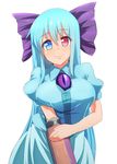  :3 arm_cannon bangs blue_eyes blue_hair blue_shirt blue_skirt bow breasts color_switch cowboy_shot hair_bow heterochromia highres large_breasts long_hair long_skirt looking_at_viewer puffy_short_sleeves puffy_sleeves purple_eyes red_eyes reflective_eyes reiuji_utsuho shirt short_sleeves simple_background skirt smile solo tatara_kogasa tenyunkel third_eye touhou very_long_hair weapon white_background 