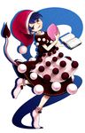  blue_eyes blue_hair blush book doremy_sweet dream_soul dress full_body harusame_(unmei_no_ikasumi) hat highres looking_at_viewer looking_to_the_side nightcap parted_lips pom_pom_(clothes) short_hair short_sleeves simple_background skirt smile socks solo tail tapir_tail touhou white_background 