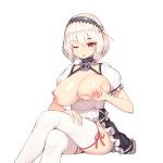  1girl apron areolae azur_lane bangs breasts ce-_-3 commentary frilled_apron frilled_sleeves frills hair_between_eyes hairband hand_on_own_chest hand_on_own_thigh highres lactation large_breasts legs_crossed maid nipples one_eye_closed puffy_short_sleeves puffy_sleeves red_eyes shiny shiny_skin short_hair short_sleeves silver_hair simple_background sirius_(azur_lane) sitting solo thighhighs white_background 
