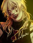  birthmark blonde_hair cosplay dio_brando earrings facial_mark fangs highres hisoka_(hunter_x_hunter) hisoka_(hunter_x_hunter)_(cosplay) hunter_x_hunter jewelry jojo_no_kimyou_na_bouken lipstick long_hair makeup male_focus necklace portrait red_lipstick solo tongue tongue_out v-raider yellow_eyes 