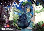  artist_name backpack bag blue_eyes blue_hair building hat highres irue kawashiro_nitori key lens_flare moss overgrown ruins short_hair skirt smile solo touhou twintails two_side_up 