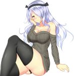  alternate_costume ass blush breasts camilla_(fire_emblem_if) cleavage fire_emblem fire_emblem_if hair_over_one_eye hairband hand_on_own_face large_breasts long_hair looking_at_viewer noeomi purple_hair red_eyes solo sweater thighhighs 