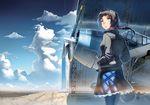  aircraft airplane brown_hair cloud day hands_in_pockets jacket light_rays looking_afar original pantyhose plaid plaid_skirt ponytail runway scrunchie siqi_(miharuu) skirt sky solo sunlight tbf_avenger 