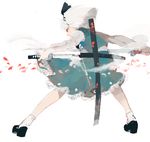  black_hairband cherry_blossoms drawr from_behind hairband katana konpaku_youmu konpaku_youmu_(ghost) okomeuma ribbon short_hair silver_hair skirt solo sword touhou weapon 