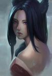  ahri animal_ears bare_shoulders black_hair detached_sleeves eyebrows eyelashes fox_ears from_behind from_side grey_background highres korean_clothes league_of_legends lips lipstick long_hair looking_at_viewer looking_back looking_to_the_side makeup nguyen_uy_vu nose parted_lips portrait purple_eyes realistic red_lipstick signature solo 