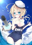  blonde_hair book breasts chestnut_mouth futase_hijiri glasses hat highres i-8_(kantai_collection) kantai_collection large_breasts lens_flare long_hair name_tag old_school_swimsuit one-piece_swimsuit pulled_by_self school_swimsuit solo swimsuit swimsuit_pull thighhighs torpedo twintails undressing wading 