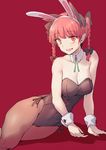  animal_ears bare_shoulders blush bow braid brown_legwear bunny_ears bunnysuit cat_ears detached_collar extra_ears fake_animal_ears geppewi hair_bow hair_ornament kaenbyou_rin looking_at_viewer open_mouth pantyhose red_background red_eyes red_hair short_hair simple_background slit_pupils smile solo touhou twin_braids wrist_cuffs 