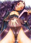  black_hair black_panties book breasts breasts_outside cameltoe cape facial_mark fire_emblem fire_emblem_if forehead_mark frown holding holding_book lips long_hair lying messy_hair nyx_(fire_emblem_if) on_back panties pussy_juice_stain red_eyes see-through small_breasts solo teruru tiara underwear veil very_long_hair 