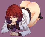  ass bad_id bad_twitter_id bottomless full_body high_heels horikawa_raiko jacket kneeling long_sleeves looking_at_viewer necktie plaid plaid_shirt purple_background red_eyes red_hair shirt short_hair simple_background smile solo top-down_bottom-up touhou urin vest 