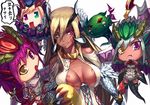  :t badominton blonde_hair blue_sonia_(p&amp;d) breasts chibi claws cleavage commentary_request draggie_(p&amp;d) dragon_girl dragon_horns dragon_wings egg facial_mark gold_egg_(p&amp;d) green_eyes green_sonia_(p&amp;d) heterochromia horns large_breasts long_hair multiple_girls purple_eyes purple_hair puzzle_&amp;_dragons simple_background smile sonia_(p&amp;d) sonia_gran v-shaped_eyebrows white_background wings yellow_eyes 