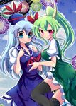  alternate_hairstyle black_legwear blue_dress blue_eyes blue_hair blush dress dual_persona ex-keine floral_print geo_(yukishitadou) green_dress green_hair hat horn_ribbon horns kamishirasawa_keine long_hair looking_at_viewer multiple_girls pink_eyes ponytail puffy_sleeves ribbon thighhighs touhou zettai_ryouiki 