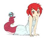  blush child dress lamia monster_girl open_mouth original rattle red_eyes red_hair short_hair short_sidetail side_ponytail simple_background sketch solo tail tail_wrap triangle_mouth twrlare white_background 