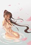  absurdres breasts brown_eyes brown_hair cherry_blossoms commentary_request covered_nipples flower gz_(gzdteee) hair_flower hair_ornament highres kantai_collection kneeling large_breasts long_hair navel nipples ponytail see-through smile solo very_long_hair water yamato_(kantai_collection) 