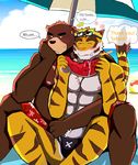  abs anthro beach beach_ball bear bearlovestiger13 biceps big_muscles chest_tuft clothing eyes_closed feline fur juuichi_mikazuki male mammal morenatsu muscles nipples pecs seaside swimsuit tiger torahiko_(morenatsu) tuft watermelon 