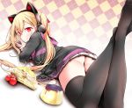  1girl ass azur_lane bangs black_legwear blonde_hair blush breasts cake candy cat_ear_headphones cherry commentary_request concord_(azur_lane) crossed_ankles eyebrows_visible_through_hair fang feet feet_up fine_fabric_emphasis food fruit hair_between_eyes hair_ribbon headphones hood hood_down hooded_jacket jacket long_hair long_sleeves looking_back lying medium_breasts mole mole_under_eye mouth_hold no_shoes on_stomach oouso open_clothes open_jacket pleated_skirt pudding red_eyes red_ribbon ribbon sidelocks skirt solo star star-shaped_pupils symbol-shaped_pupils thighhighs thighs toes twintails twitter_username v white_skirt 