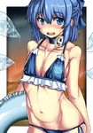  abs bikini blue_bikini blue_eyes blue_hair blush bokuso bow cirno collarbone flat_chest hair_bow highres ice ice_wings looking_at_viewer muscle navel short_hair side-tie_bikini solo swimsuit touhou wings 