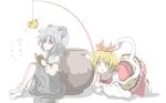  :p animal_ears animal_print bait blonde_hair book capelet cheese fishing_rod food grey_eyes grey_hair hal_(pixiv2042201) jar mouse_ears mouse_tail multiple_girls nazrin shirt short_hair skirt tail tiger_print tongue tongue_out toramaru_shou touhou translated v-shaped_eyebrows vest 