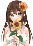  aqua_eyes blush brown_hair covering_mouth flower hair_flower hair_ornament hiiragi_hajime idolmaster idolmaster_cinderella_girls long_hair looking_at_viewer revision shibuya_rin solo sunflower upper_body 