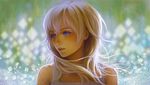  artist_name bangs bare_shoulders blonde_hair blue_eyes blurry blurry_background blush depth_of_field dress kingdom_hearts kingdom_hearts_ii lips long_hair looking_away looking_to_the_side munette namine parted_lips short_hair sleeveless sleeveless_dress solo upper_body white_dress 
