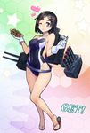  alternate_costume black_hair blue_eyes blush breasts closed_mouth competition_swimsuit eating eyebrows food gloves hair_ornament hairclip heart kantai_collection kuroshio_(kantai_collection) looking_at_viewer medium_breasts one-piece_swimsuit one_eye_closed sandals short_hair solo swimsuit taketora_suzume takoyaki thick_eyebrows toothpick torpedo turret 