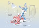 2014 acornart anthro babs_bunny buster_bunny cub duo female lagomorph locker_room male male/female mammal penetration rabbit sex shower tiny_toon_adventures warner_brothers water wet young 
