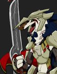  anthro armor blue_fur cape clothing fur hi_res looking_at_viewer luismcderp_(artist) melee_weapon rain_silves saliva scar sergal sword teeth tongue weapon white_fur yellow_eyes 